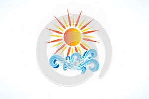 Logo sun with blue swirly beach waves vector