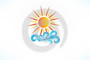 Logo sun with blue swirly beach waves vector