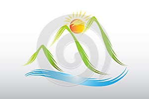 Logo sun and green mountains icon web vector design