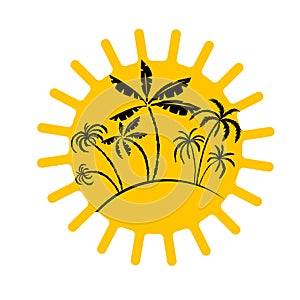 Logo sun and palm trees. Hello summer. hand drawing. Not AI. Vector illustration