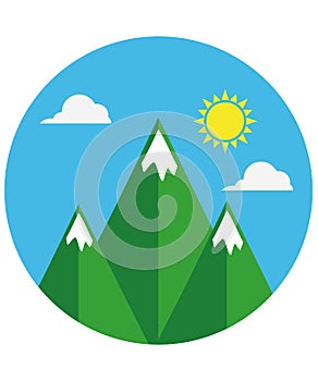 Logo of a sunny sky with snowy mountains and clouds. Ideal for ideas related to the outdoors and travel