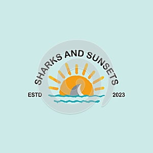logo sunset and shark icon vector symbol illustration design, sun vintage logo for business company design