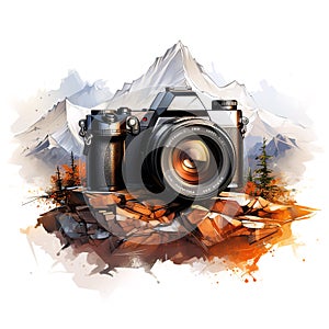 logo symbol with mountains and photo camera on white background. Concept of tourism, hiking, adventures and photography