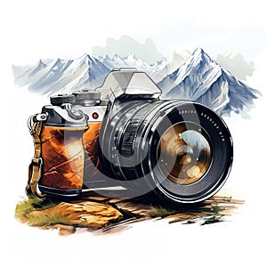 logo symbol with mountains and photo camera on white background. Concept of tourism, hiking, adventures and photography