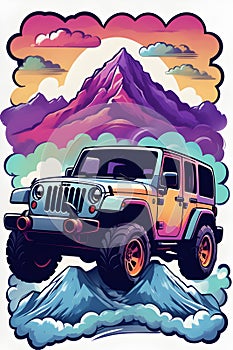 Logo, t-shirt design of a Jeep with waves, mountain, sun, fluffy clouds, car, white background