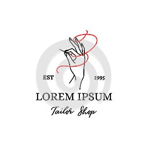 Logo Tailor Shop. Vector Emblem of a Female hand with a Needle and a red Thread outline style