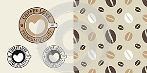 Logo template, cup of coffee with foam in the shape of a heart. Seamless pattern with coffee beans on a light background