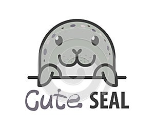 Logo template with cute curious harbor seal. Vector logo design arctic animal template for zoo, veterinary clinics, etc. Cartoon