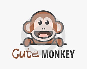 Logo template with cute monkey. Vector logo design ape template for zoo, veterinary clinics. Cartoon african animal logo