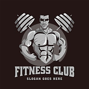 Logo template vector of Bodybuilder gym fitness theme, with muscle man character and barbell