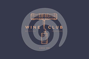 Logo template of wine club with image corkscrew and wine cork on dark blue background.