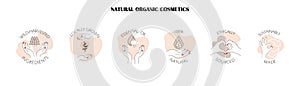 Logo templates, icons and badges for natural organic cosmetics with safe wild harvested, plant based eco ingredients, sustainably