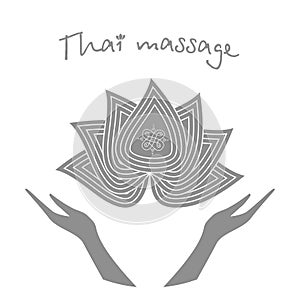 Logo thai massage. Stylized lotus flower and hands. Authentic Thai massage.