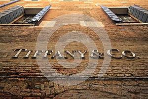 Logo Tiffany and Co. on the wall in Venice