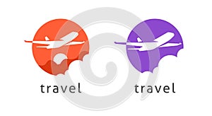 Logo travel by plane airline vector or flight by airplane jet tour concept logotype design, tourism aircraft service symbol