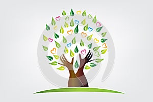 Logo tree with protective hands symbol icon