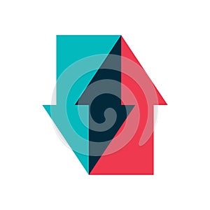 Logo of two arrows, indicating a change in direction of movement with overlapping colors. Color image of multi-colored