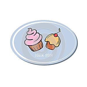 Logo with two cakes. Vector color illustration of cupcakes in cartoon style. Drawing for cafes and restaurants