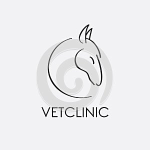 Logo veterinary clinic for horses, is designed as a contour line, black and white monochrome, happy horse