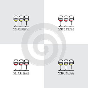 Logo of Winery or Wine Bar or Restaurant, Menu List Picture, Red, Rose and White Drink in Wineglass