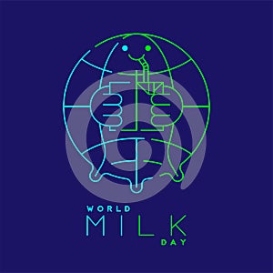 Logo World globe with breast cow shape and milk box editable stroke blue and green color, World Milk Day 2022 concept, cartoon