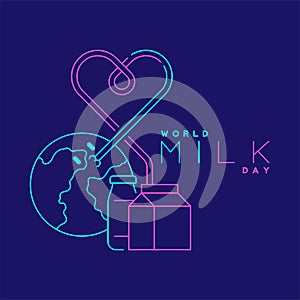 Logo World globe with heart shape straw milk box editable stroke blue and pink color, World Milk Day 2022 concept, cartoon minimal