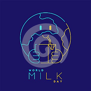 Logo World globe with milk box editable stroke blue and orange color, World Milk Day 2022 concept, cartoon minimal flat design