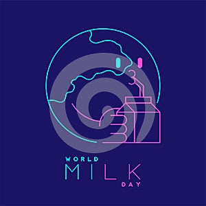 Logo World globe with milk box editable stroke blue and pink color, World Milk Day 2022 concept, cartoon minimal flat design