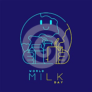 Logo World globe with milk box, glass, pitcher and bottle editable stroke blue and yellow color, World Milk Day 2022 concept,