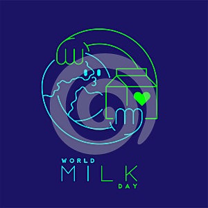 Logo World globe with milk box and heart love icon editable stroke blue and green color, World Milk Day 2022 concept, cartoon