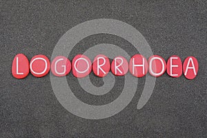 Logorrhoea, or verbosity, speech or writing which is deemed to use an excess of words, text composed with red colored stone letter