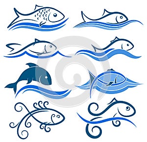 Logos of fish with wave.