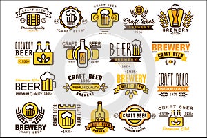 Logos set for brewing company. Vintage linear labels. Emblems with bottles, wheat branches, mugs with beer foam and