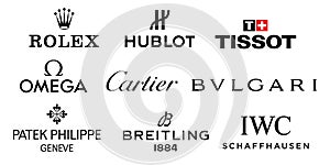 Logos of world watch brands. Rolex, Hublot, Tissot, Omega, Cartier, Bulgari, IWC, Breitling, Patek Philippe. Vector logos on