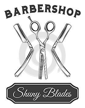 Logotype for barbershop vintage style. Barber shop logo emblem with barber object sign and lettering