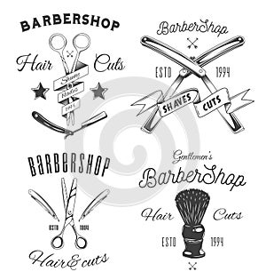 Logotype for barbershop vintage style. Barber shop logo emblem with barber object sign and lettering