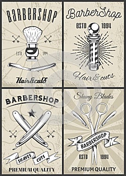 Logotype for barbershop vintage style. Barber shop logo emblem with barber object sign and lettering