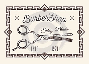 Logotype for barbershop vintage style. Barber shop logo, emblem with scissors sign and lettering