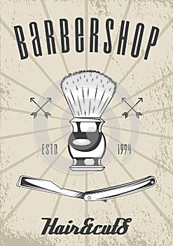 Logotype for barbershop in vintage style. Barber shop logo emblem with shaving brush and blade