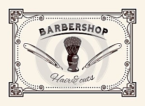 Logotype for barbershop vintage style. Barber shop logo, emblem with shaving brush, dangerous blade