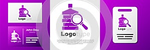 Logotype Big bottle with clean water and magnifying glass icon isolated on white background. Plastic container for the