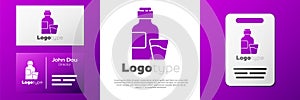 Logotype Bottle of medicine syrup and dose measuring cup solid icon isolated on white background. Logo design template