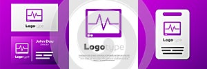 Logotype Computer monitor with cardiogram icon isolated on white background. Monitoring icon. ECG monitor with heart beat hand