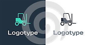 Logotype Forklift truck icon isolated on white background. Fork loader and cardboard box. Cargo delivery, shipping