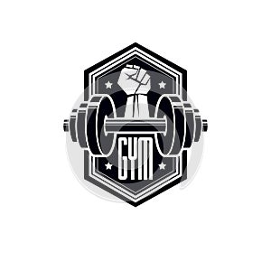 Logotype for heavyweight gym or fitness sport gymnasium, vintage style vector emblem.