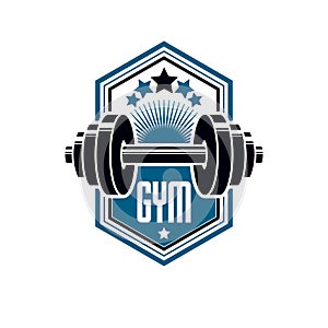 Logotype for heavyweight gym or fitness sport gymnasium, vintage style vector emblem.