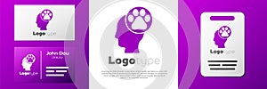 Logotype Human head with animals footprint icon isolated on white background. Pet paw in heart. Love to the animals