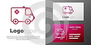 Logotype line Ambulance and emergency car icon isolated on white background. Ambulance vehicle medical evacuation. Logo