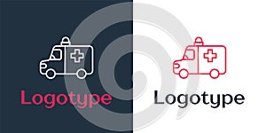 Logotype line Ambulance and emergency car icon isolated on white background. Ambulance vehicle medical evacuation. Logo