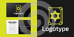 Logotype line Ancient magic book with alchemy recipes and mystic spells and enchantments icon isolated on black